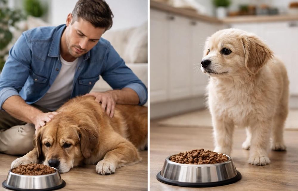 Малко пухкаво куче със светлобежова козина стои в модерна кухня до метална купичка, пълна с гранули, като гледа встрани без интерес и не посяга към храната, на заден план се виждат светли кухненски шкафове и дървен под, а сцената е осветена от мека естествена дневна светлина